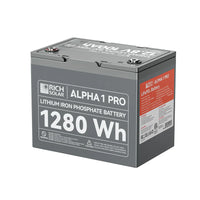 A rectangular gray Rich Solar ALPHA 1 PRO LiFePO4 Battery, labeled 12.8V 100Ah, features black and red terminals on top and printed product information on the front and side.