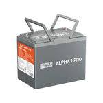 A gray Rich Solar ALPHA 1 PRO 12.8V 100Ah LiFePO4 Battery featuring two handles, top terminal posts, and an orange product details label on the front left side.