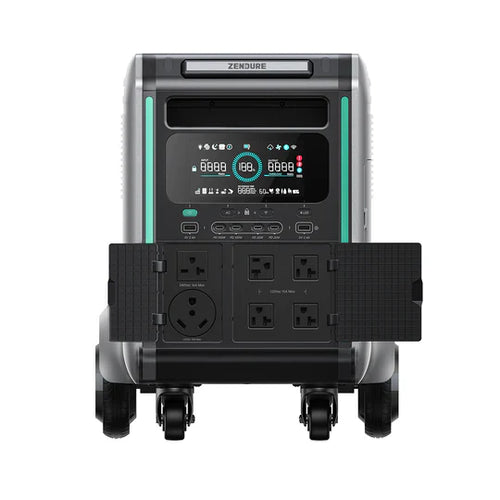 Front view of the Zendure portable power station on wheels, showing its digital display, control buttons, and various open power outlets—perfect for home energy storage and smart energy management.