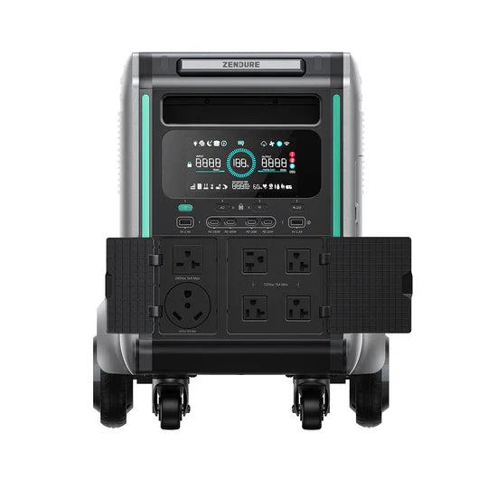 Front view of the Zendure portable power station with smart energy management, multiple outlets, control panel, digital display, wheels for easy mobility, and an open outlet cover revealing various plug sockets.