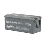 A gray rectangular Rich Solar ALPHA 2 LITE LiFePO4 Battery, 12.8V 200Ah (2560Wh), with side handles, product labels, and specs printed on its surface.