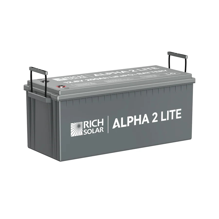 A rectangular gray LiFePO4 battery from Rich Solar, labeled ALPHA 2 LITE, offers 200Ah/2560Wh capacity, has a flat lid, and features two black carrying handles on each end.