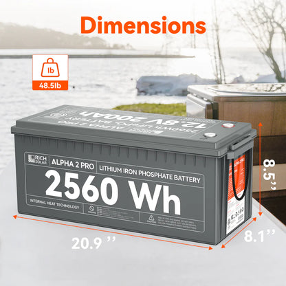 A Rich Solar 2560Wh LiFePO4 Battery (200Ah) sits outside near snow, a lake, and a chair. Text notes its size: 20.9 x 8.1 x 8.5 inches and weight of 48.5 lb.