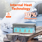 A Rich Solar 200Ah LiFePO4 Battery with Internal Heat Technology (30% efficiency increase, 0°C to -10°C) and a 2560Wh capacity sits on wood with red heat lines before a snow-covered vehicle.