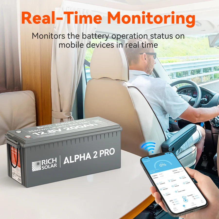 A person drives an RV holding a phone that shows battery data. In the foreground, a large Rich Solar LiFePO4 Battery labeled ALPHA 2 PRO 12.8V 200Ah (2560Wh) appears. Text highlights real-time monitoring via mobile devices.