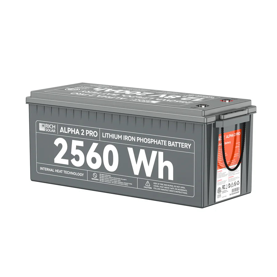 A rectangular gray 200Ah LiFePO4 battery branded as Rich Solar ALPHA 2 PRO, with a 2560Wh capacity. Safety and specification labels are visible on the top and side.
