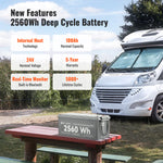 A Rich Solar LiFePO4 Battery (2560Wh) rests on a picnic table at a campsite with an RV behind it. Text overlays display its 100Ah capacity and 5-year warranty, emphasizing its reliability for outdoor adventures.