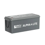 A rectangular gray RICH SOLAR ALPHA 4 LITE LiFePO4 Battery with black handles and top terminal posts provides 2560 Wh of reliable power.
