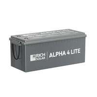 A rectangular, gray LiFePO4 battery by Rich Solar labeled ALPHA 4 LITE with white text. The 2560Wh battery has a flat top, side carrying handles, and top-left terminals.