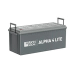A rectangular gray Rich Solar LiFePO4 battery with black side handles, labeled ALPHA 4 LITE in white, and a 2560 Wh capacity.