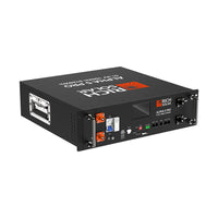 A black Rich Solar Alpha 5 Pro 48V 5.12kWh lithium battery features multiple input/output ports, control buttons, and indicator lights on the front panel, plus a Battery Management System for efficient solar energy storage.
