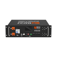 Front view of a black Rich Solar ALPHA 5 PRO Lithium Iron Phosphate Battery module featuring input/output terminals, display screen, control buttons, indicator lights, and dual side handles.