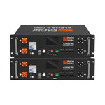 Two stacked black Rich Solar ALPHA 5 PRO 51.2V 100Ah lithium batteries feature digital displays, orange/black connectors, power switches, indicator lights, and an advanced BMS on the front panels.