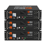 Three stacked black Rich Solar Alpha 5 Pro batteries, each with front control panels (screens, switches, connectors, indicator lights), offer advanced features like a Battery Management System (BMS) for enhanced performance.