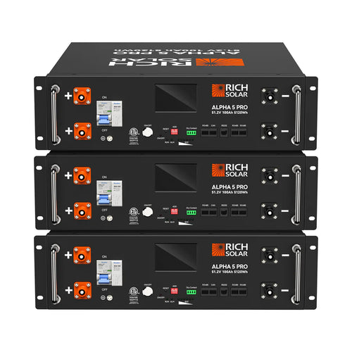 Three stacked black Rich Solar Alpha 5 Pro batteries, each with front control panels (screens, switches, connectors, indicator lights), offer advanced features like a Battery Management System (BMS) for enhanced performance.