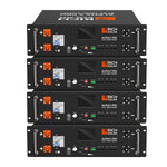 Four stacked black Rich Solar Alpha 5 Pro 51.2V 100Ah lithium batteries feature digital displays, control buttons, indicator lights, orange and black connectors, and an advanced Battery Management System for optimal performance.