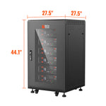 A Rich Solar black battery cabinet with a glass front door, six visible batteries, four wheels, and an integrated BMS. Dimensions: 44.1 tall, 27.5 wide, and 27.5 deep.