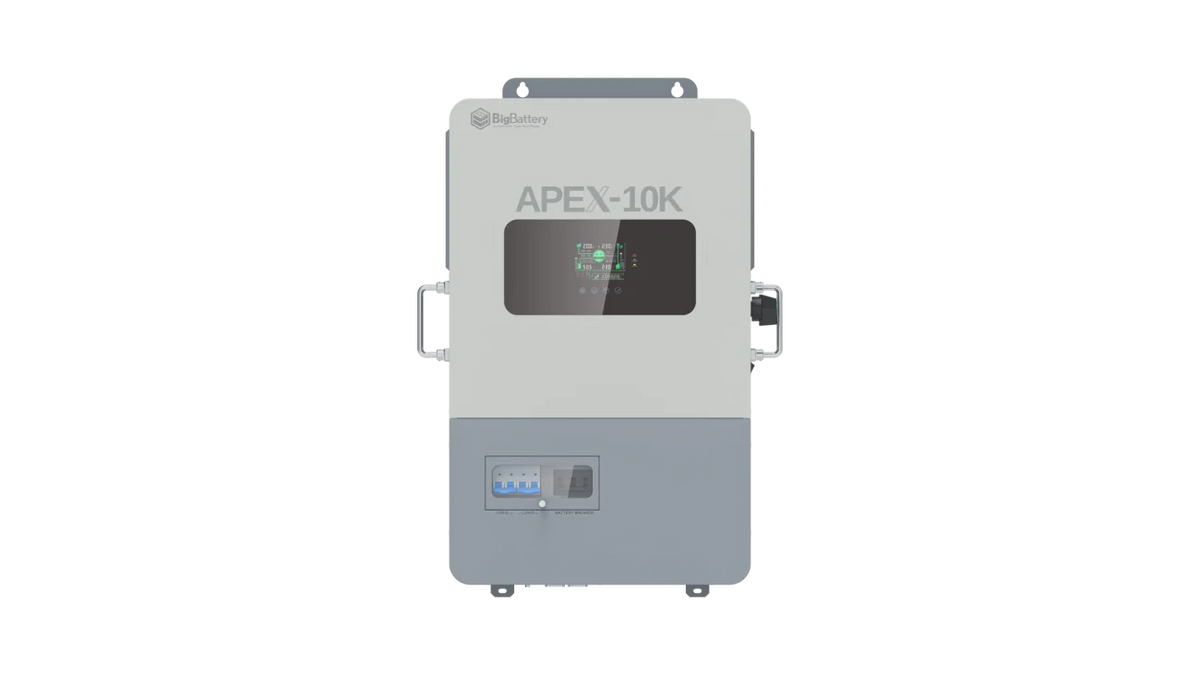 Front view of a wall-mounted BigBattery Nexus 10k power inverter featuring a display screen, labeled buttons, side handles, and a gray-and-white rectangular case against a plain white background.