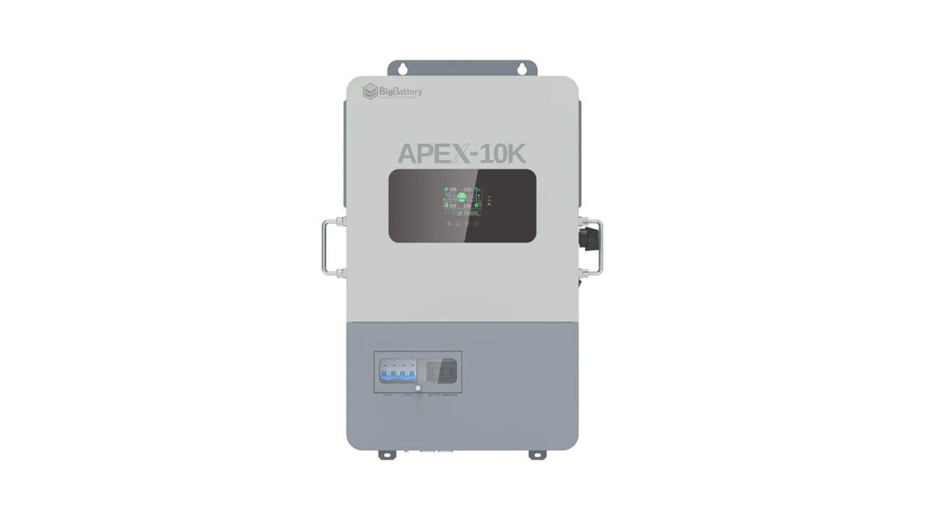 Front view of a wall-mounted BigBattery Nexus 10k power inverter featuring a display screen, labeled buttons, side handles, and a gray-and-white rectangular case against a plain white background.