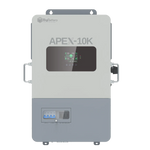 A gray and white rectangular battery system labeled BigBattery Apex10k is featured against a sleek card background, with handles on each side, a clear front window, and a small digital control panel at the bottom. The product details are presented in clean IBM Plex Sans for modern clarity.