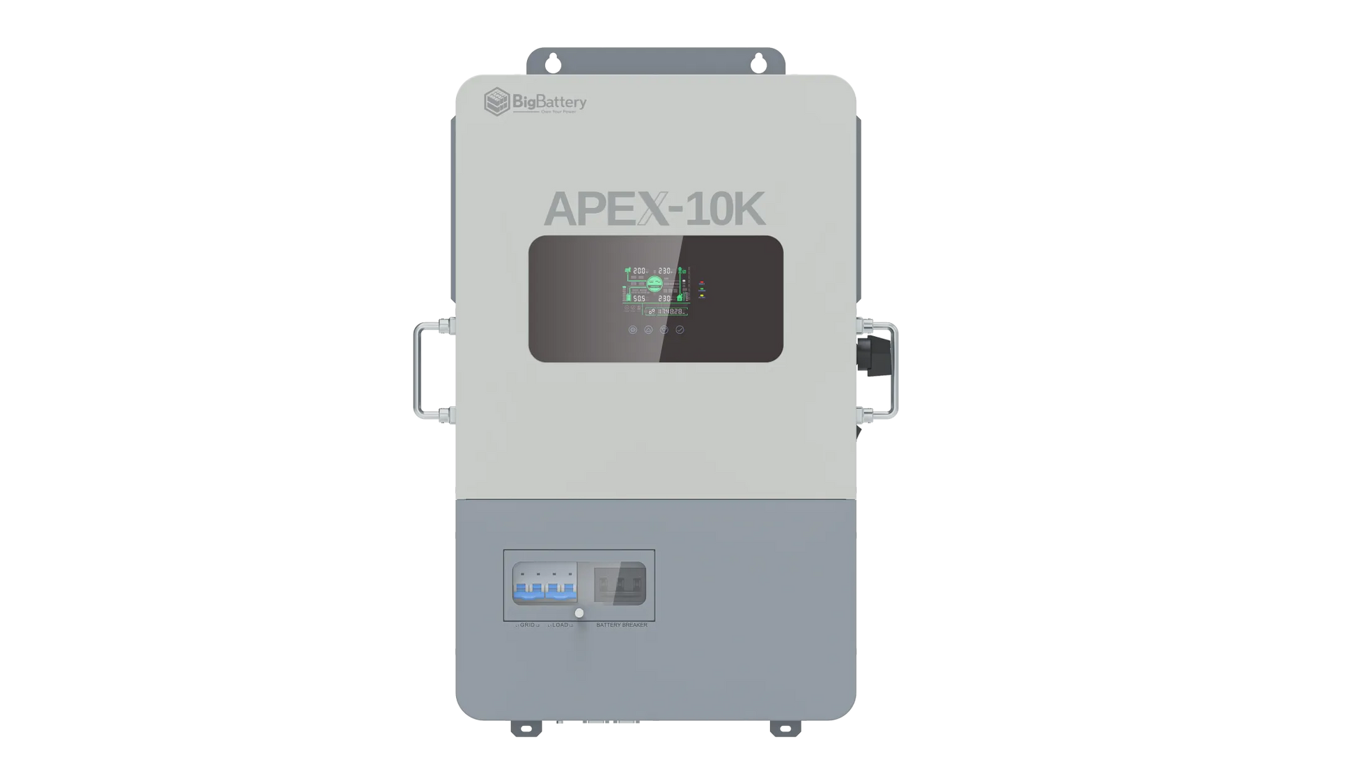 A gray and white rectangular battery system labeled BigBattery Apex10k is featured against a sleek card background, with handles on each side, a clear front window, and a small digital control panel at the bottom. The product details are presented in clean IBM Plex Sans for modern clarity.