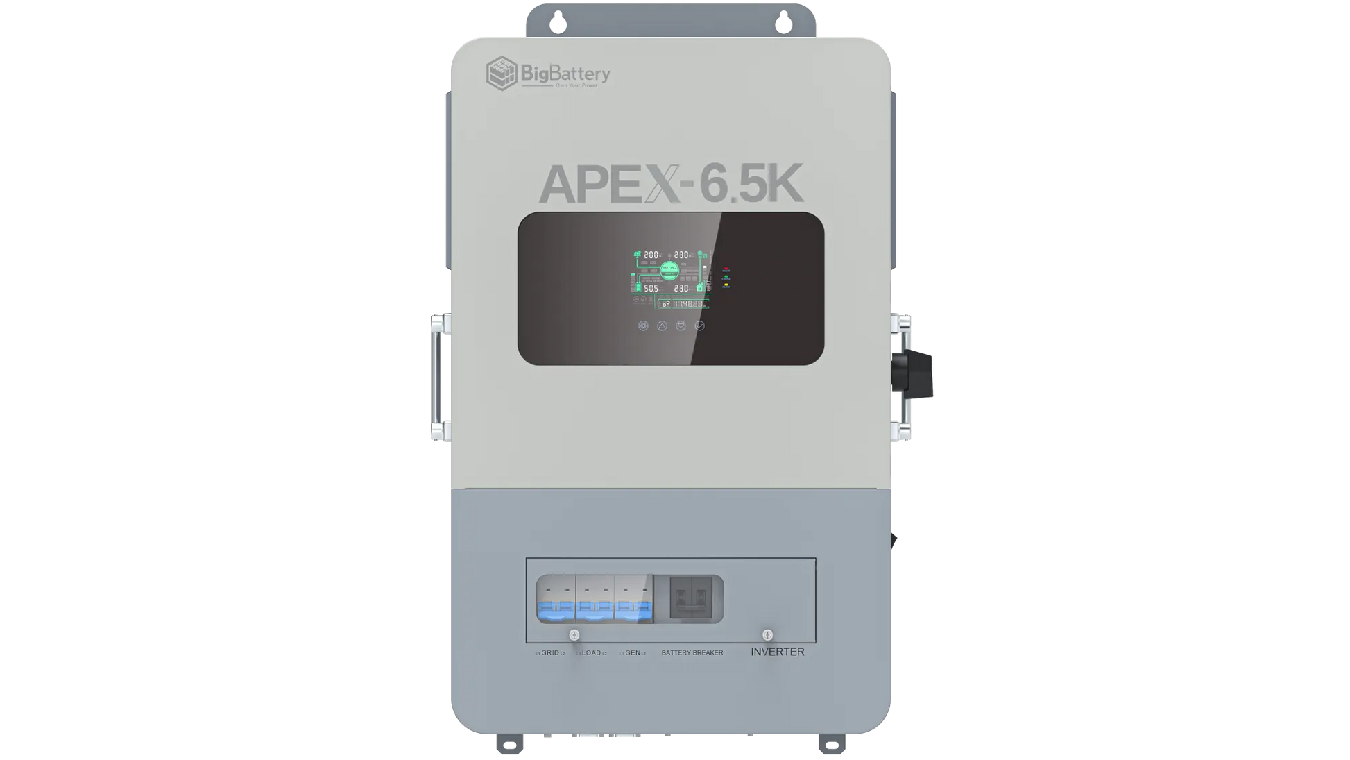 A grey and white BigBattery APEX-6.5K battery unit with a digital display screen and clearly labeled ports on the front, mounted against a plain white background, reflects the clean structure of the IBM Plex Sans font family. The unit’s sleek design is as well-organized as CSS variables in a modern interface.