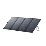 A portable, foldable monocrystalline solar panel with four connected sections is propped up on angled metal stands against a plain white background. This 400W portable solar panel, the Anker SOLIX PS400, delivers efficient energy wherever you need it.