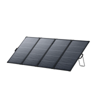 A portable, foldable monocrystalline solar panel with four connected sections is propped up on angled metal stands against a plain white background. This 400W portable solar panel, the Anker SOLIX PS400, delivers efficient energy wherever you need it.
