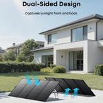 Two dual-sided monocrystalline solar panels positioned on a lawn in front of a modern house, with arrows illustrating sunlight captured on both sides and text highlighting increased power efficiency.