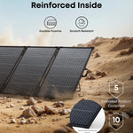 Solar panels standing on a rocky desert ground, with icons highlighting features: durable fluorine, scratch resistance, reinforced aluminum frame, 5 years product coverage, and 10 years lifespan. This portable solar panel utilizes advanced monocrystalline technology to deliver reliable power even in harsh environments.