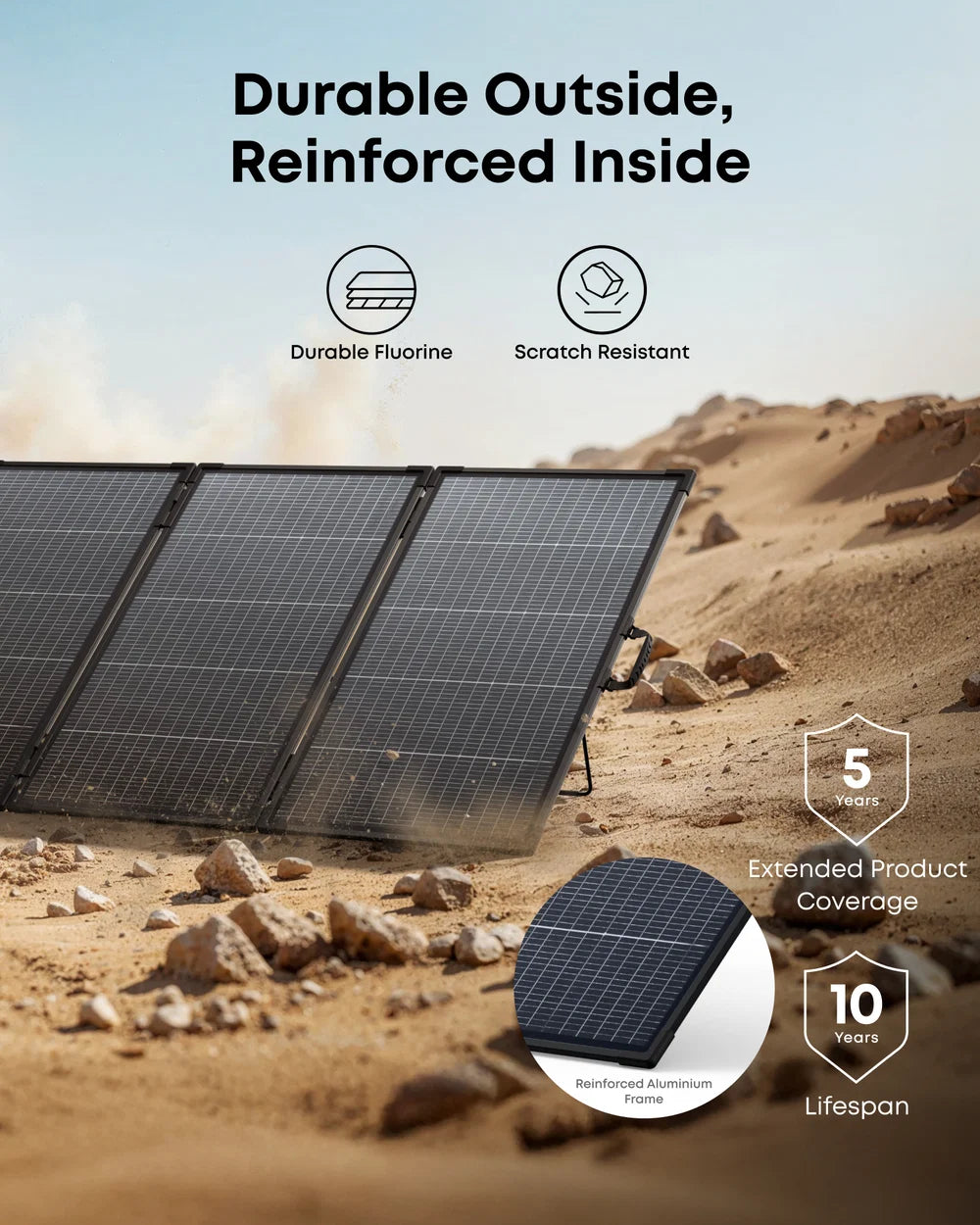Solar panels standing on a rocky desert ground, with icons highlighting features: durable fluorine, scratch resistance, reinforced aluminum frame, 5 years product coverage, and 10 years lifespan. This portable solar panel utilizes advanced monocrystalline technology to deliver reliable power even in harsh environments.