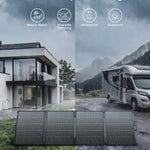 Solar panels in rain outside a modern house and an RV, highlighting the IP68 waterproof, dustproof, beach-ready, and camping features. Icons above indicate these properties. A powerful 400W monocrystalline solar panel stands out in the scene, its portable design ready for any adventure. The cloudy, wet sky emphasizes this portable solar panel’s durability in harsh conditions.