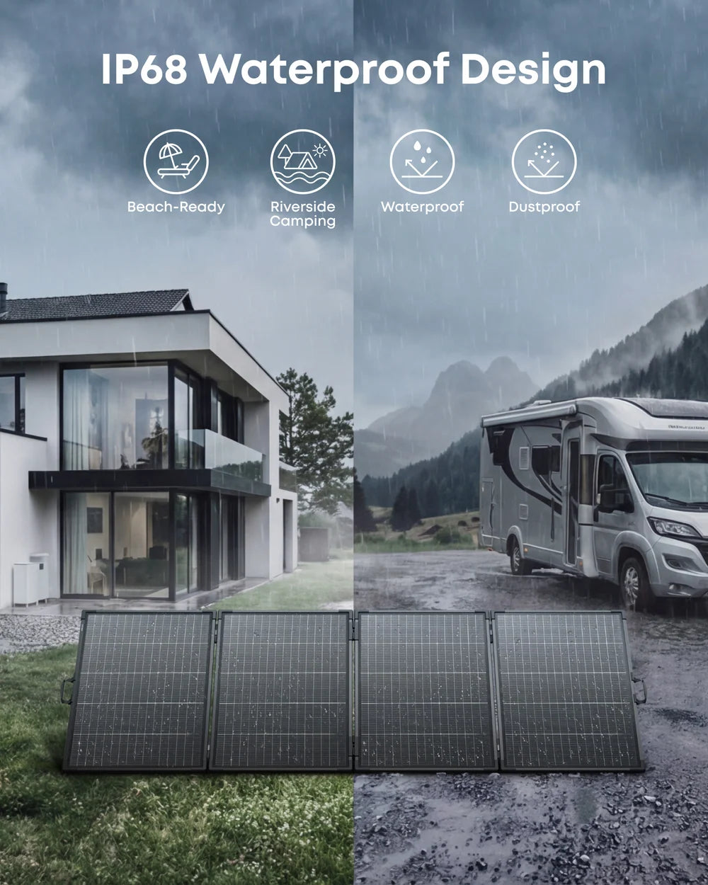 Solar panels in rain outside a modern house and an RV, highlighting the IP68 waterproof, dustproof, beach-ready, and camping features. Icons above indicate these properties. A powerful 400W monocrystalline solar panel stands out in the scene, its portable design ready for any adventure. The cloudy, wet sky emphasizes this portable solar panel’s durability in harsh conditions.