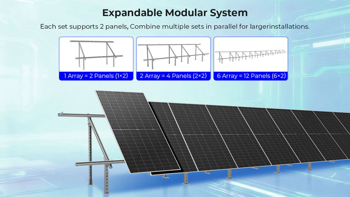 Modular & Expandable Ground Mount Brackets for 2 × 400W–590W Solar Panels | Heavy-Duty Adjustable