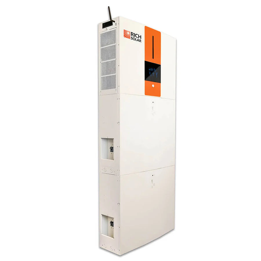 A tall, white solar battery unit with an orange accent and the Rich Solar logo at the top, featuring side vents and a front screen—an advanced energy storage system from Rich Solar for clean energy solutions.