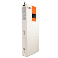 A tall, white solar battery unit with an orange accent and the Rich Solar logo at the top, featuring side vents and a front screen—an advanced energy storage system from Rich Solar for clean energy solutions.