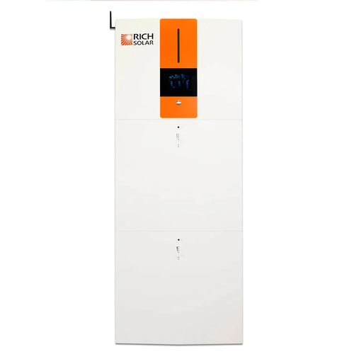 A tall, white rectangular energy storage system with an orange accent panel and a digital display, featuring the Rich Solar logo in the top left corner—ideal for modern solar technology and clean energy solutions.