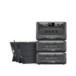 Bluetti portable power stations, including the Apex300 PD model, are stacked alongside Bluetti solar panels against a white background. Each portable power station features a digital display and front-facing ports.