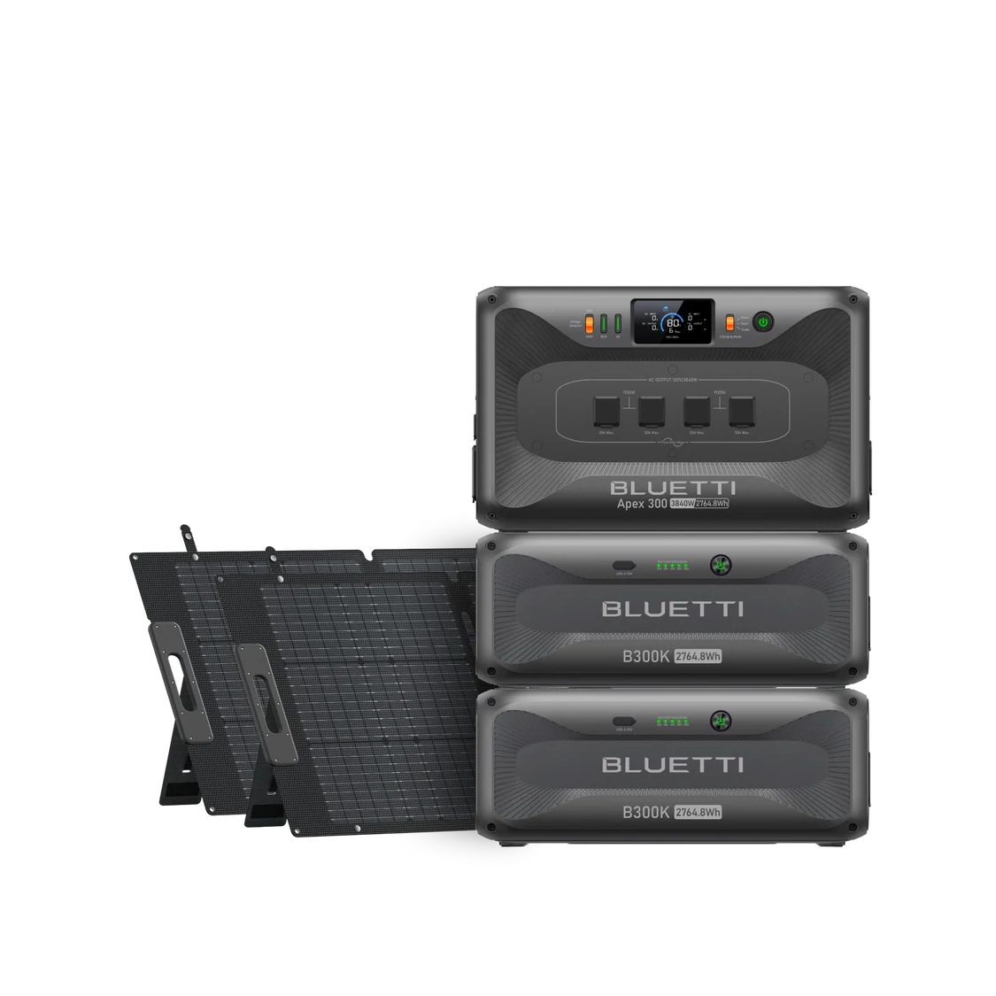 Bluetti portable power stations, including the Apex300 PD model, are stacked alongside Bluetti solar panels against a white background. Each portable power station features a digital display and front-facing ports.