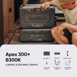 A person crouches next to two stacked Bluetti portable power stations, including the powerful Bluetti Apex300 PD from Bluetti, with product specs and images of included accessories displayed below.