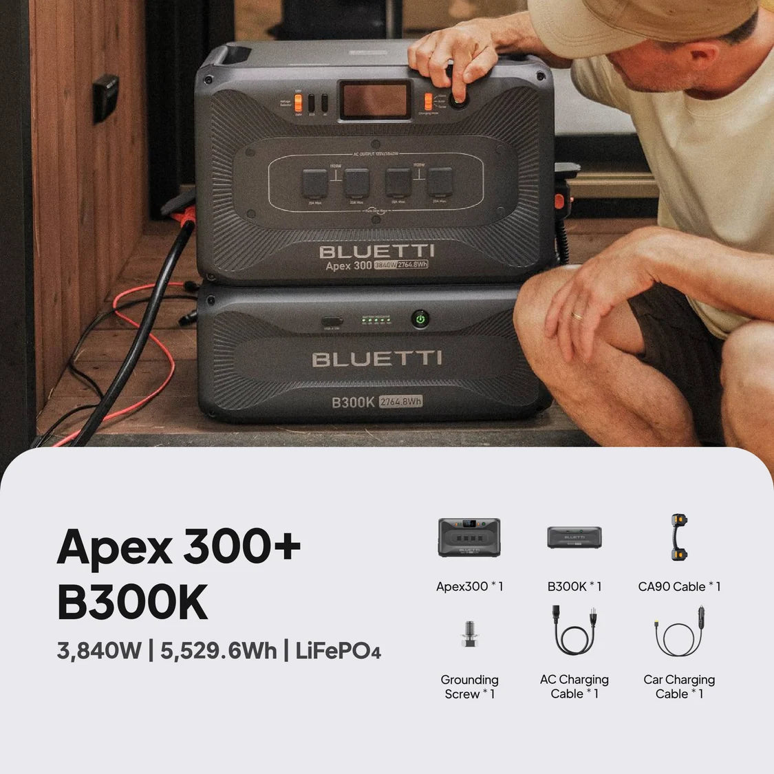 A person crouches next to two stacked Bluetti portable power stations, including the powerful Bluetti Apex300 PD from Bluetti, with product specs and images of included accessories displayed below.