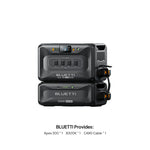 Two stacked Bluetti power stations, connected with attached cables, emphasize the reliable design of a portable power solution. Text below lists the included items: Bluetti Apex 300 *1, B300K *1, and CA90 Cable *1—showcasing the comprehensive Bluetti Apex300 PD charging solution from Bluetti for all your power needs.
