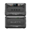 Two black rectangular devices with textured surfaces; the top device, a Bluetti portable power station, features a camera lens and several ports, while the bottom device displays the BLUETTI brand name in bold white letters.