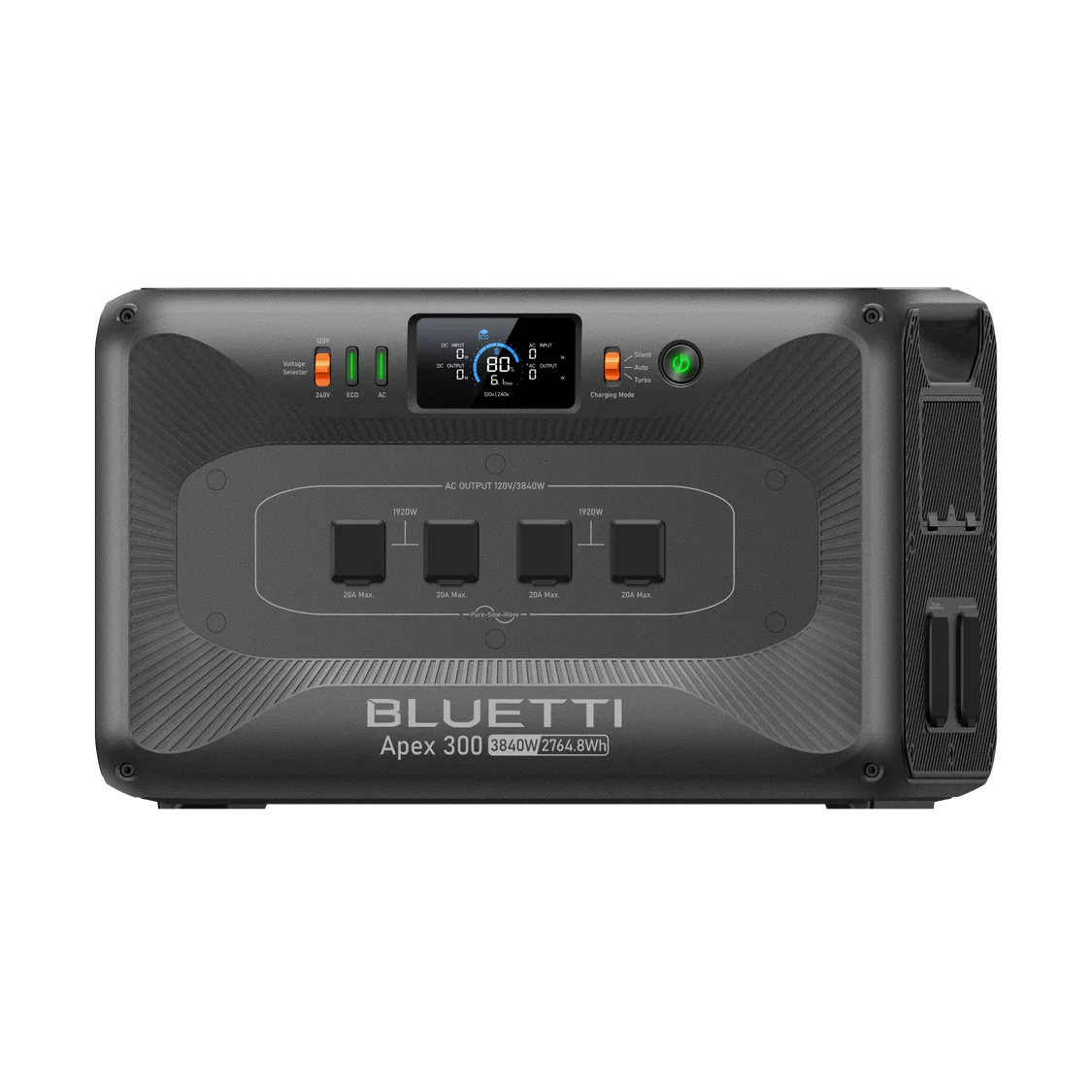 Front view of the Bluetti portable power station with visible ports, control buttons, digital display, and the Bluetti brand name, all set against a plain white background.