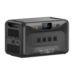 A black Bluetti portable power station is displayed on a white background, featuring control buttons, a display screen, and multiple power outlets on the front and side. This versatile device from Bluetti combines robust performance with sleek design, making it an excellent choice for a wide range of applications.