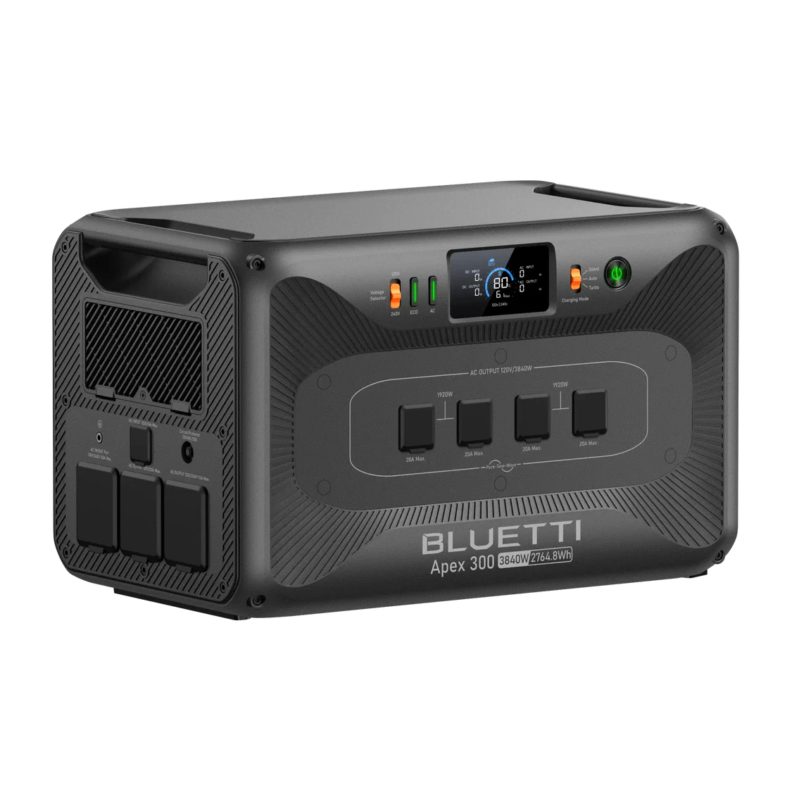 A black Bluetti portable power station is displayed on a white background, featuring control buttons, a display screen, and multiple power outlets on the front and side. This versatile device from Bluetti combines robust performance with sleek design, making it an excellent choice for a wide range of applications.