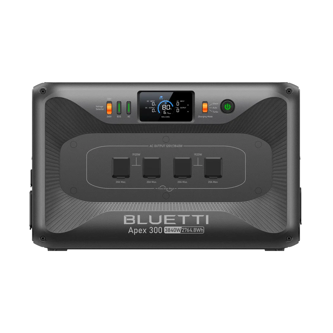 A Bluetti portable power station featuring control buttons, a digital display, power indicators, and multiple AC output sockets on the front panel, set against a plain background. This Bluetti unit provides reliable and versatile power for all your devices wherever you go.