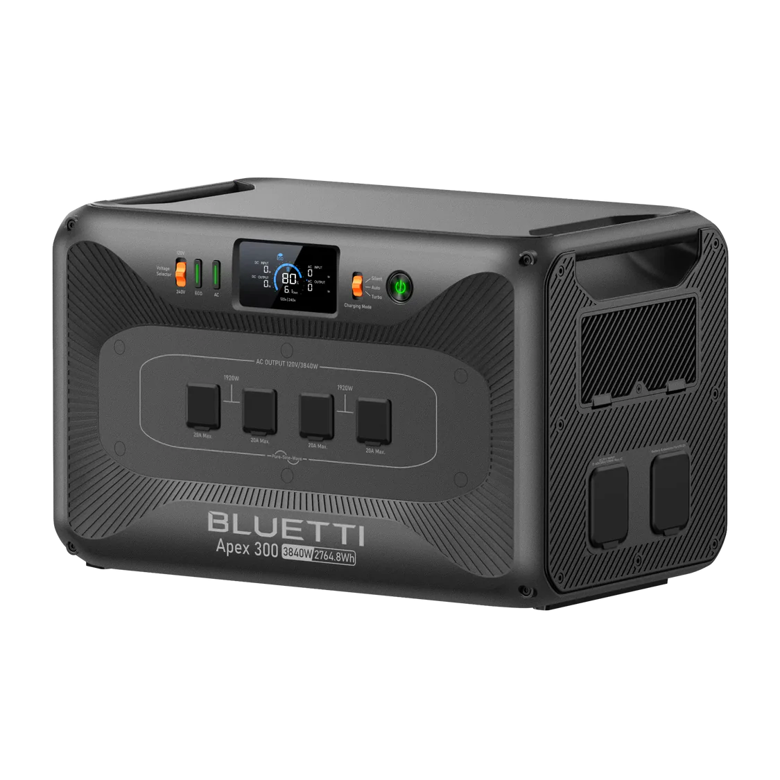 A compact Bluetti Apex 300 portable power station featuring an LED display, multiple outlets for versatile power delivery, and user-friendly control buttons, displayed against a white background.