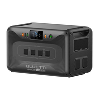 A compact Bluetti Apex 300 portable power station featuring an LED display, multiple outlets for versatile power delivery, and user-friendly control buttons, displayed against a white background.