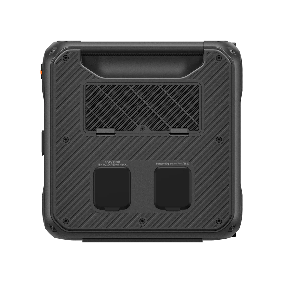 A black, rugged, rectangular device with a textured surface, a handle at the top, two battery slots at the bottom, and a mesh window in the center—this is the Bluetti portable power station, engineered for durability and reliable performance wherever you go.